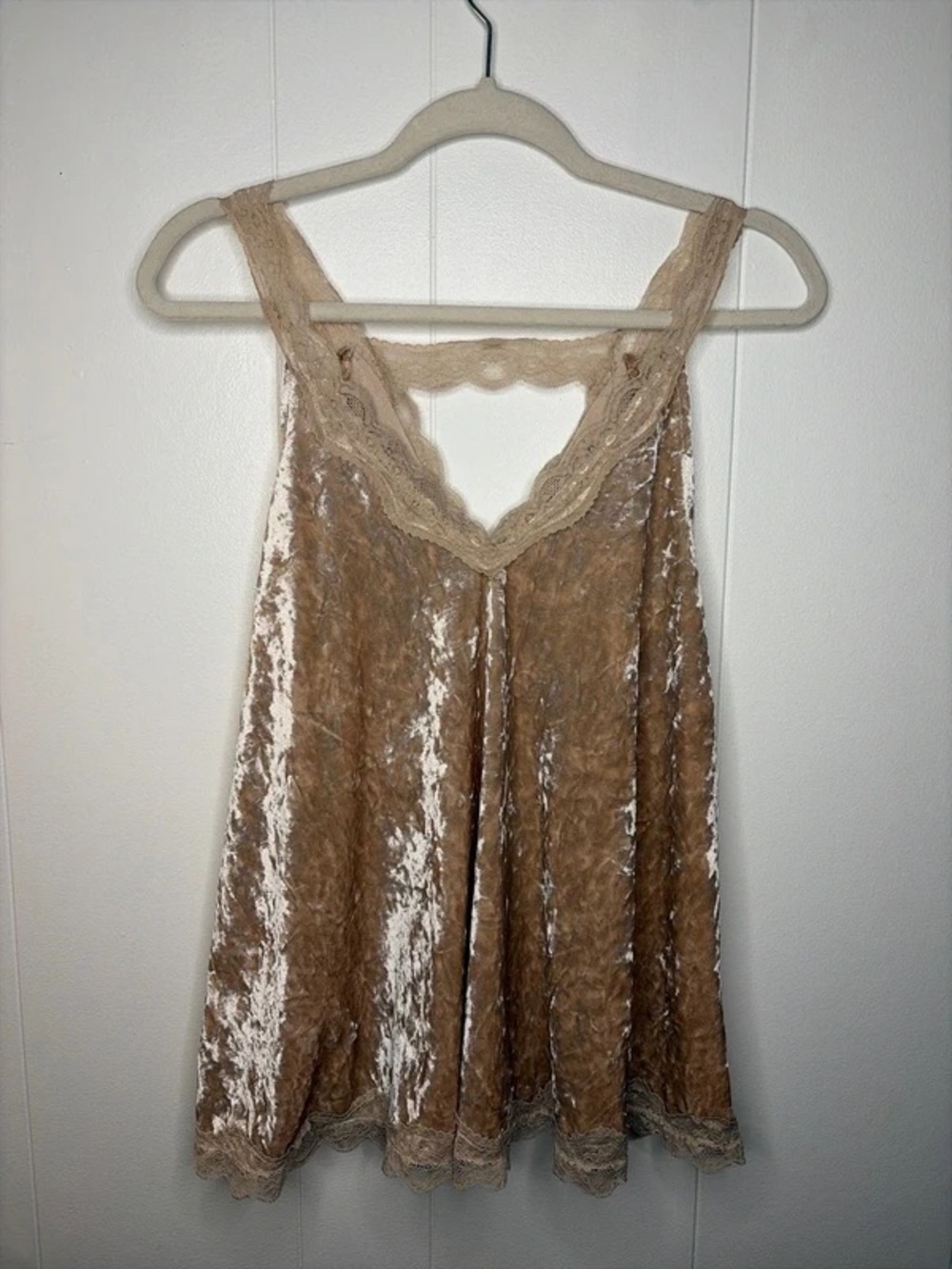 Beige Velvet Lace Trim Slip Dress